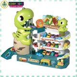 Đồ chơi mô hình bãi đỗ xe khủng long gồm 4 tầng, có thang nâng hạ xe kèm âm thanh và sa bàn giao thông cho bé