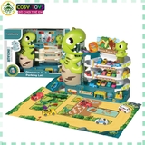 Đồ chơi mô hình bãi đỗ xe khủng long gồm 4 tầng, có thang nâng hạ xe kèm âm thanh và sa bàn giao thông cho bé