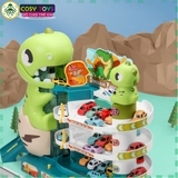 Đồ chơi mô hình bãi đỗ xe khủng long gồm 4 tầng, có thang nâng hạ xe kèm âm thanh và sa bàn giao thông cho bé