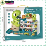 Đồ chơi mô hình bãi đỗ xe khủng long gồm 4 tầng, có thang nâng hạ xe kèm âm thanh và sa bàn giao thông cho bé