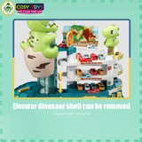 Đồ chơi mô hình bãi đỗ xe khủng long gồm 4 tầng, có thang nâng hạ xe kèm âm thanh và sa bàn giao thông cho bé