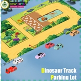 Đồ chơi mô hình bãi đỗ xe khủng long gồm 4 tầng, có thang nâng hạ xe kèm âm thanh và sa bàn giao thông cho bé
