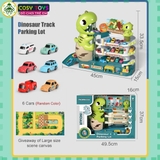 Đồ chơi mô hình bãi đỗ xe khủng long gồm 4 tầng, có thang nâng hạ xe kèm âm thanh và sa bàn giao thông cho bé