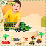 Đồ chơi xe chở khủng long cao cấp kèm xe trớn, mô hình khủng long con và cây, đá, trứng khủng long cho bé