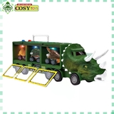 Đồ chơi xe chở khủng long cao cấp kèm xe trớn, mô hình khủng long con và cây, đá, trứng khủng long cho bé