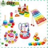 Combo đồ chơi gỗ 6 món: đồng hồ + con sâu + khéo tay luồn hạt + đàn + luồn cọc + xếp tháp