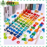Đồ chơi bảng gỗ kèm chữ số, hình học logic câu cá 5 dòng cho bé