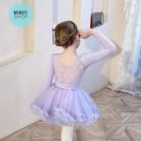 Set áo váy múa phối ren tutu dài tay (tím, hồng)