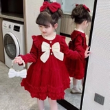 Váy nhung mềm nơ điệu đà (hồng, đỏ)