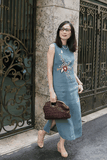 G119 Đầm linen châu âu thêu hoa TRÀ MI viền cổ