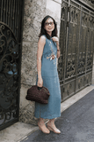 G119 Đầm linen châu âu thêu hoa TRÀ MI viền cổ