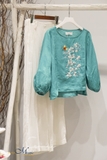 Áo nữ linen MaxMessi AQUA tay lửng thêu tay thủ công