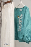 Áo nữ linen MaxMessi AQUA tay lửng thêu tay thủ công