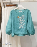 Áo nữ linen MaxMessi AQUA tay lửng thêu tay thủ công