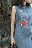 G119 Đầm linen châu âu thêu hoa TRÀ MI viền cổ