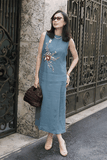 G119 Đầm linen châu âu thêu hoa TRÀ MI viền cổ