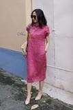 Đầm cổ lọ thêu tay linen loang thêu vai