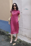 Đầm cổ lọ thêu tay linen loang thêu vai