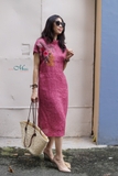 Đầm cổ lọ thêu tay linen loang thêu vai