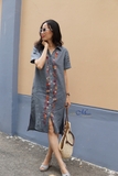 Đầm Sơ mi tà ngang thêu dọc thân tay cộc IRIS