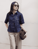 A223 áo sơ mi linen tay cộc thêu tay TRUDY