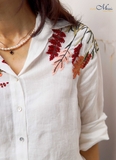 A314 Áo FORTUNA sơ mi linen pháp thêu hoa bách hợp 2 vai