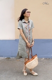 Đầm Sơ mi tà ngang thêu dọc thân tay cộc IRIS