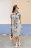 Đầm Sơ mi tà ngang thêu dọc thân tay cộc IRIS