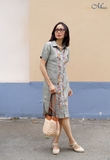 Đầm Sơ mi tà ngang thêu dọc thân tay cộc IRIS