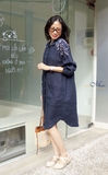 G106 Đầm sơ mi linen 2 túi trước BIJOU thêu 2 bên vai