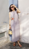 G119 Đầm linen pháp thêu hoa TRÀ MI viền cổ