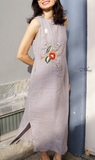 G119 Đầm linen pháp thêu hoa TRÀ MI viền cổ
