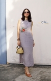 G119 Đầm linen pháp thêu hoa TRÀ MI viền cổ