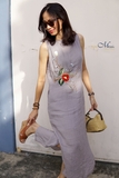 G119 Đầm linen pháp thêu hoa TRÀ MI viền cổ