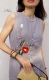 G119 Đầm linen pháp thêu hoa TRÀ MI viền cổ
