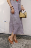 G119 Đầm linen pháp thêu hoa TRÀ MI viền cổ