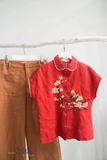 MaxMessi - Áo top linen vai đỗ viền ren thêu tay ALICE