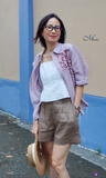 A309 Sơ mi SOPHIA linen Pháp thêu tay hoa se hạt trên vai