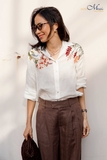 A314 Áo FORTUNA sơ mi linen pháp thêu hoa bách hợp 2 vai