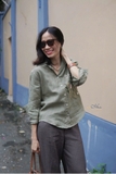 A257 Áo sơ mi linen tay dài ALANA thêu tay hoa cúc nhỏ
