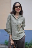 A257 Áo sơ mi linen tay dài ALANA thêu tay hoa cúc nhỏ