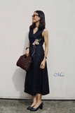 G115 Đầm linen cổ tim thêu lan hồ điệp