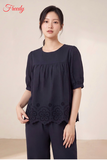[SET CÚC TRẮNG, XANH]Bộ ngắn tay nữ cotton thêu hoa cúc có lớp lót - WBN2601