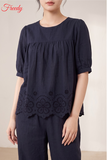 [SET CÚC TRẮNG, XANH]Bộ ngắn tay nữ cotton thêu hoa cúc có lớp lót - WBN2601