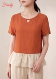 [SET HOA NHÀI] Bộ ngắn tay nữ cam phối tầng bèo thêu hoa thanh lịch  - WBN2602