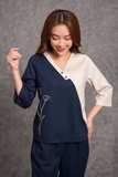 Bộ dài tay nữ thêu phối xanh be linen - WBD2205