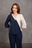 Bộ dài tay nữ thêu phối xanh be linen - WBD2205