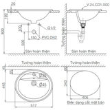 Lavabo chậu rửa mặt Viglacera CD1 bán âm dương vành