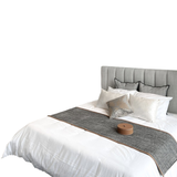 Giường Sandro Low Bed, MATERIAL: 1. FABRIC 2. STEEL LEGS 3. RUSTIC BRONZE. PATTERNED LIGHT GRAY FABRIC CODE - NS70108 - 1800x2000mm