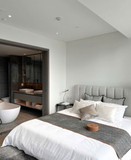 Giường Sandro Low Bed, MATERIAL: 1. FABRIC 2. STEEL LEGS 3. RUSTIC BRONZE. PATTERNED LIGHT GRAY FABRIC CODE - NS70108 - 1800x2000mm